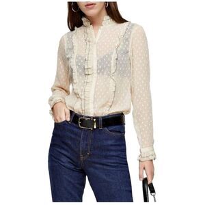 Topshop Women Dobby Dotted Blouse Size 8 Ruffle Sheer Fairy Whimsical